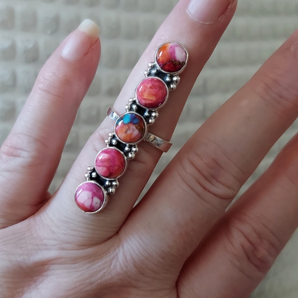 Beautiful Kingman Dalia Sterling Silver Long 5 Stone Adjustable Ring 5-8 - Picture 3 of 9